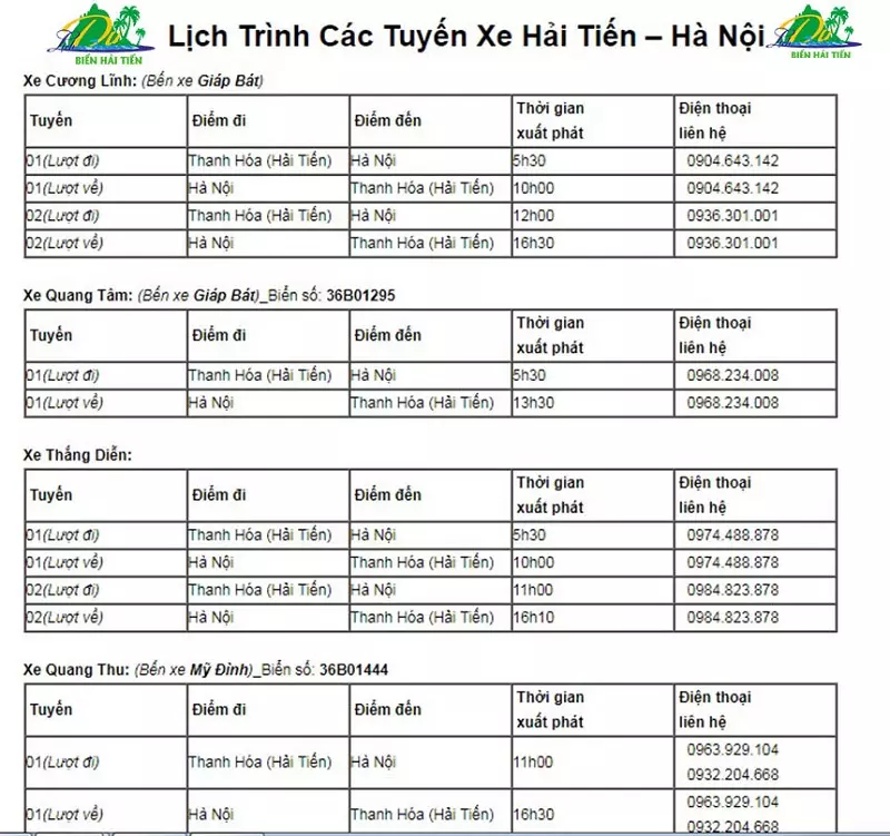 Danh sách một số nhà xe đi biển Hải Tiến