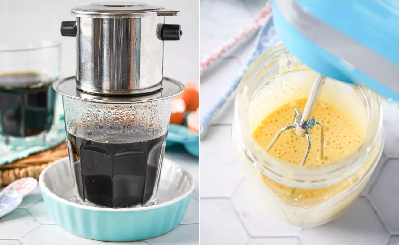 Two photo collage of coffee dripping from Phin and beating egg mixture for Cà Phê Trứng (Vietnamese Egg Coffee).