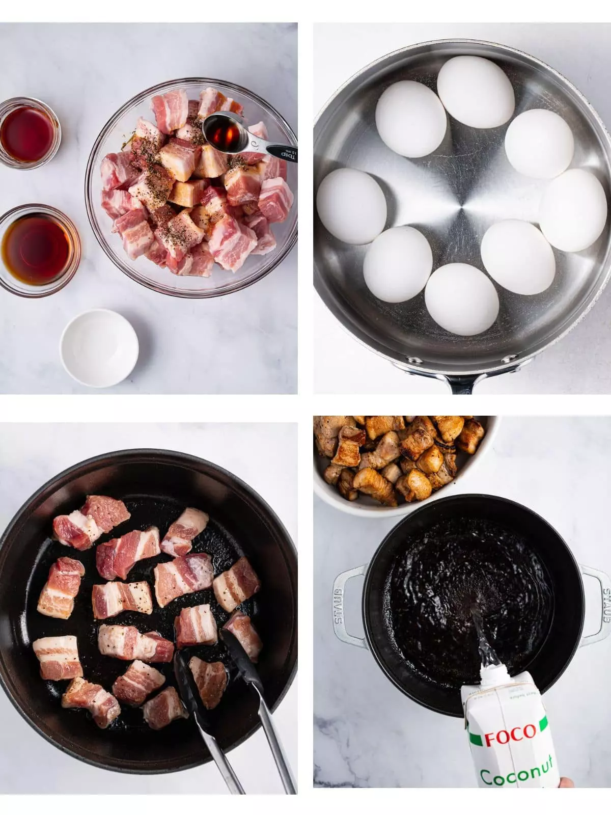 Ingredients needed for thit kho: pork belly, hardboiled eggs, coconut water, fish sauce, caramel sauce, salt, pepper, vegetable oil, garlic and shallots.