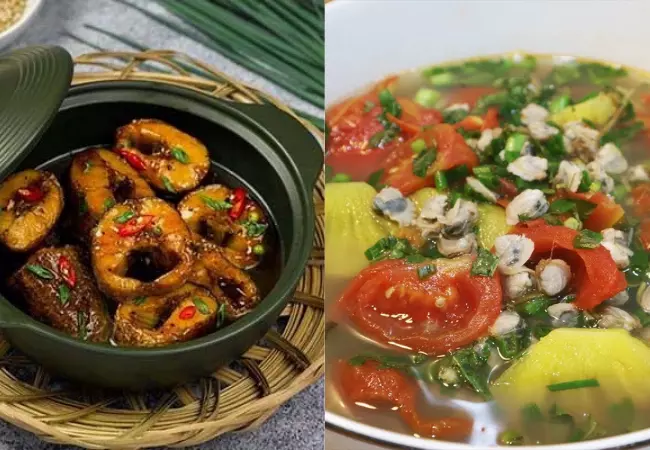 Cá lóc kho tiêu - Canh hến nấu chua - Dưa leo