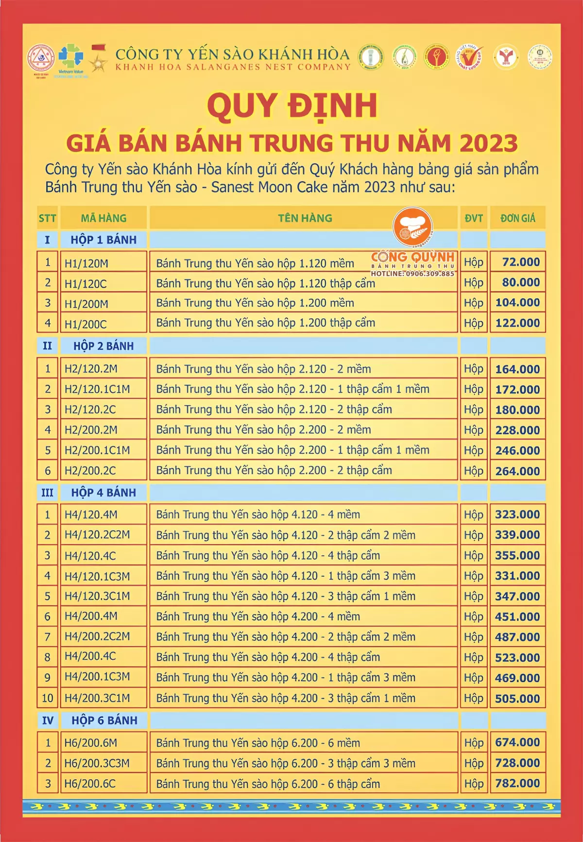 Bảng giá bánh Trung Thu Yến Sào Khánh Hòa 2024