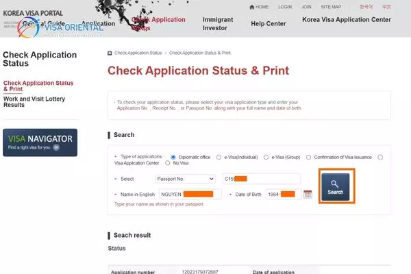 Điền các thông tin cần thiết như hướng dẫn để tra kết quả visa Hàn Quốc