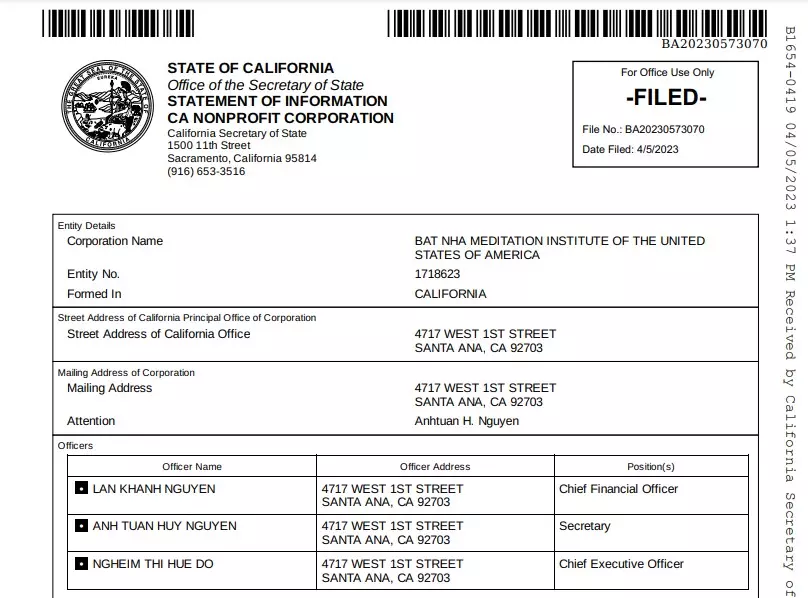 Hồ sơ điền ngày 5 Tháng Tư và nộp cho Bộ Hành Chánh California