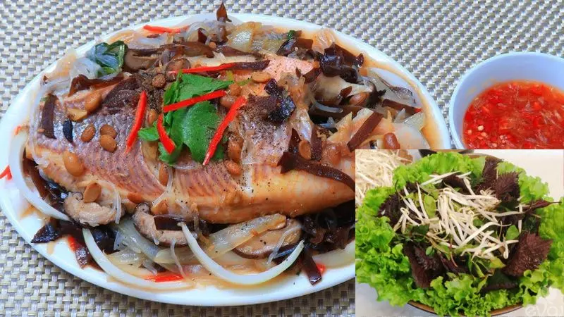 Cá diêu hồng chưng tương + rau sống (dấp cá)