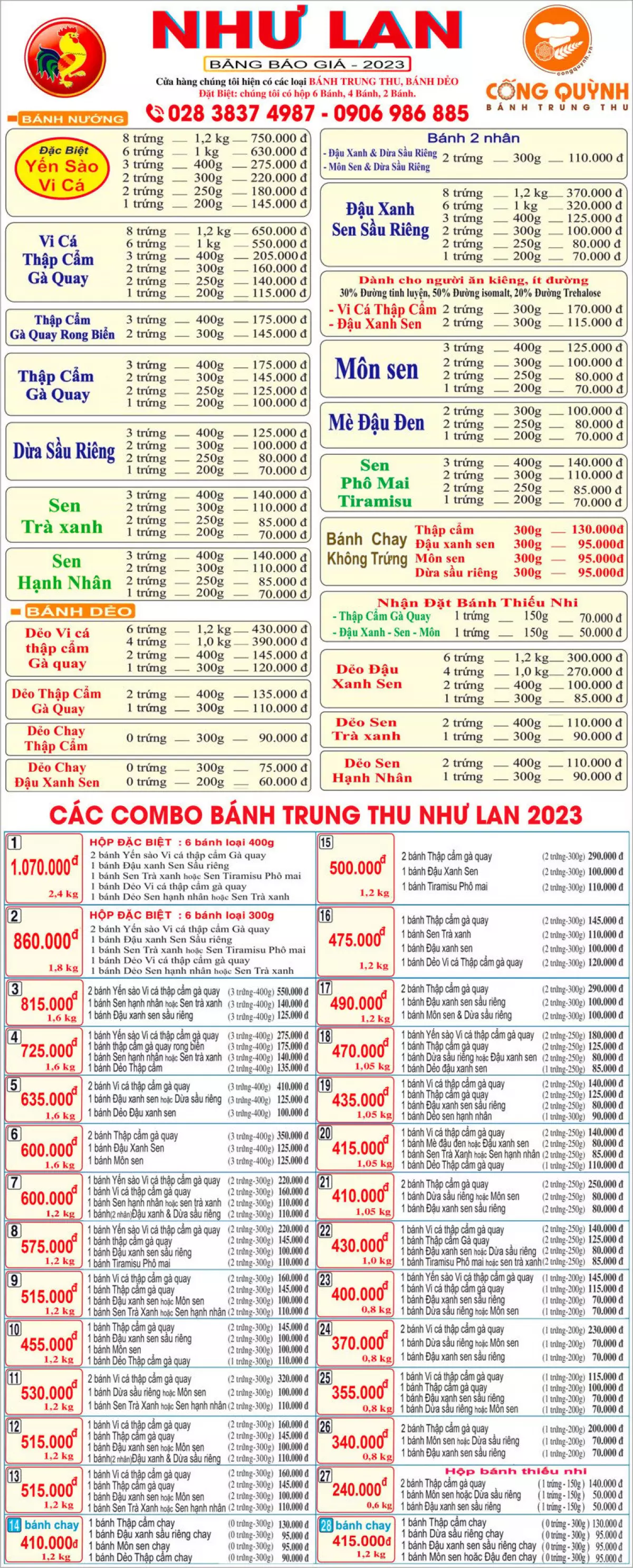 BẢNG GIÁ BÁNH TRUNG THU NHƯ LAN 2024