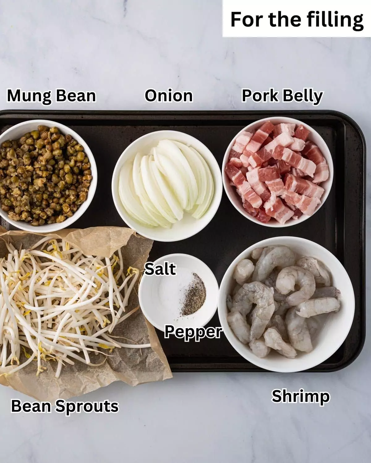 Ingredients for the filling: cooked mung beans, bean sprouts, onions, pork belly, shrimp, salt and pepper.